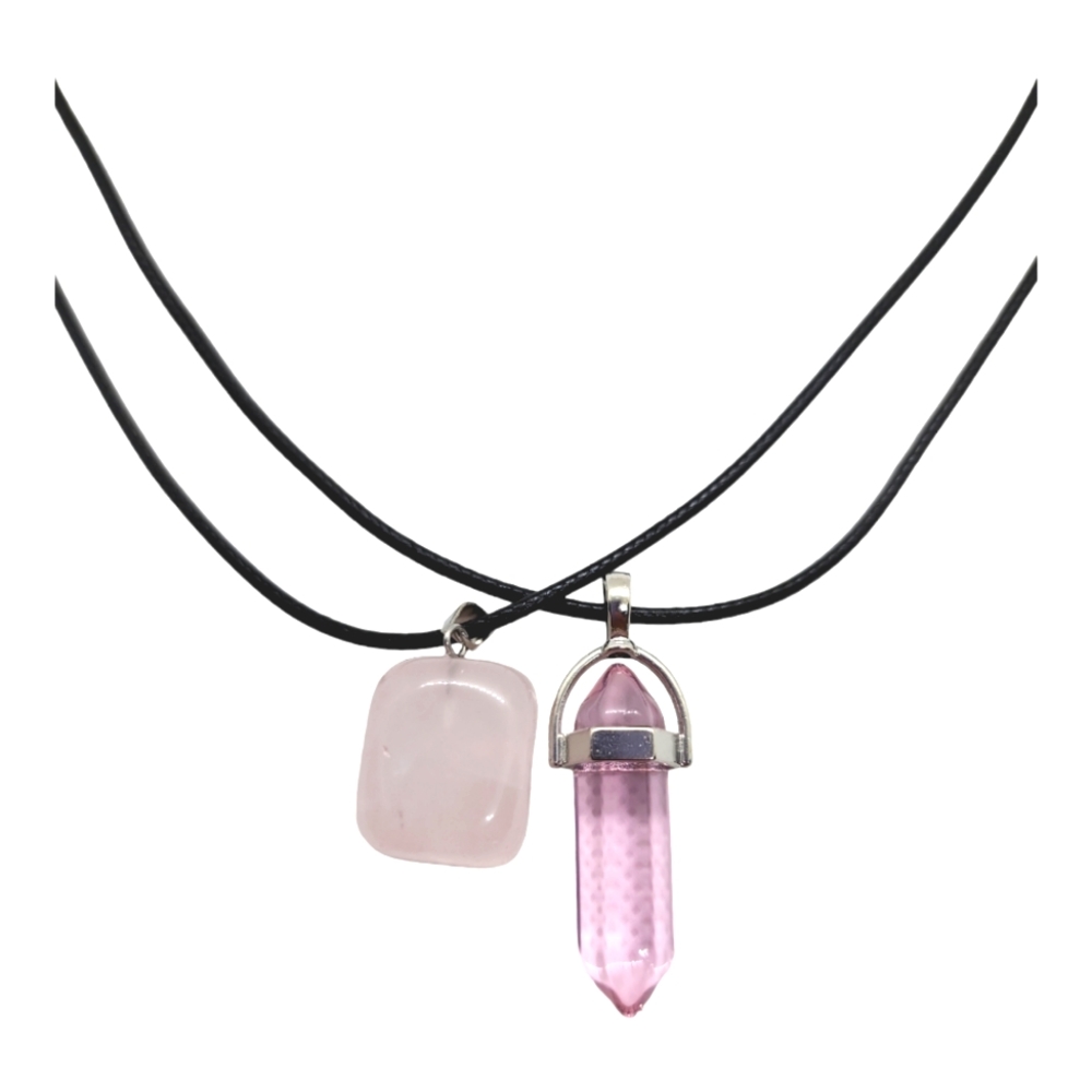 Set Of 2 Gemstones Black Leather Necklace 18"